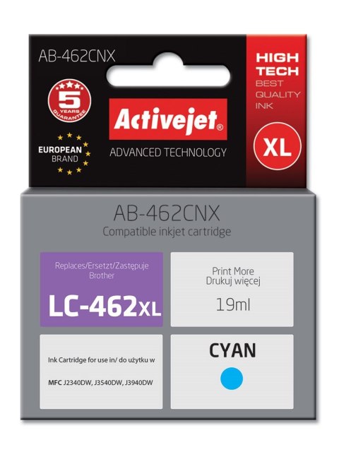 Activejet AB-462CNX Tusz (zamiennik Brother LC-462XLC; Supreme; 19 ml; niebieski). Activejet AB-462CNX Tusz (zamiennik Brother LC-462XLC; Supreme; 19 ml; niebieski).