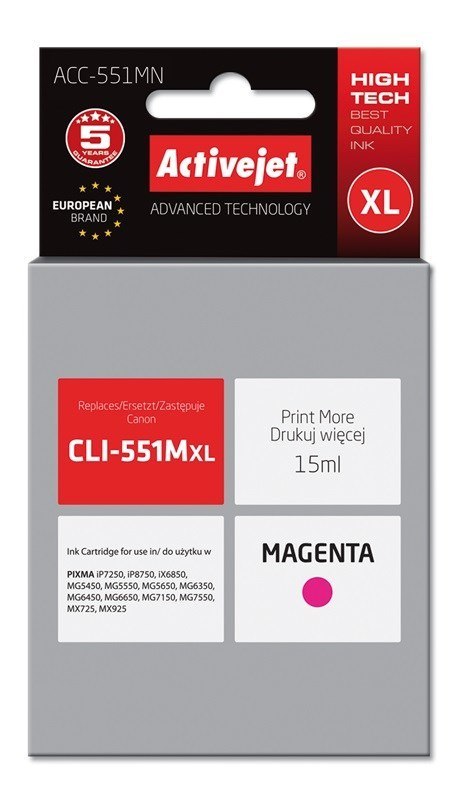 Activejet ACC-551MN Tusz (zamiennik Canon CLI-551M; Supreme; 15 ml; czerwony) Activejet ACC-551MN Tusz (zamiennik Canon CLI-551M; Supreme; 15 ml; czerwony)