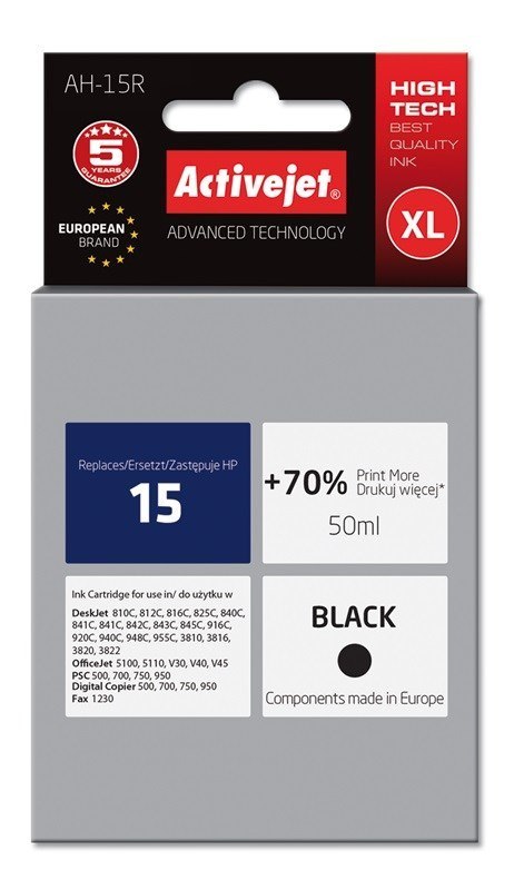 Activejet AH-15R Tusz (zamiennik HP 15 C6615N; Premium; 50 ml; czarny) Activejet AH-15R Tusz (zamiennik HP 15 C6615N; Premium; 50 ml; czarny)