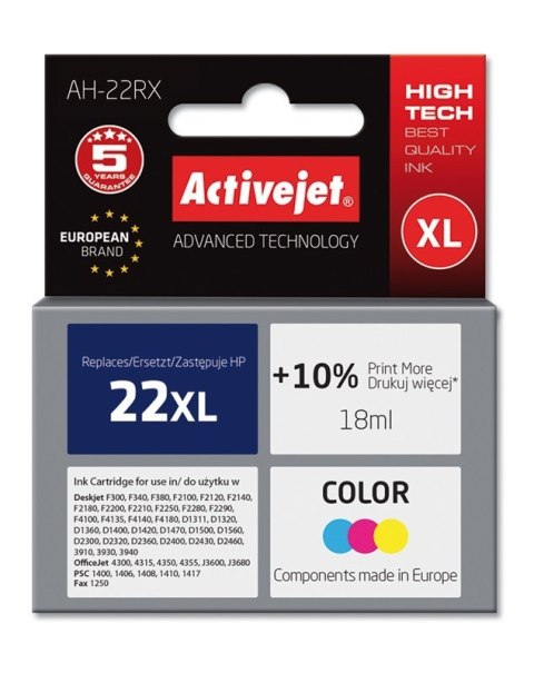 Activejet AH-22RX Tusz (zamiennik HP 22XL C9352A; Premium; 18 ml; kolor) Activejet AH-22RX Tusz (zamiennik HP 22XL C9352A; Premium; 18 ml; kolor)