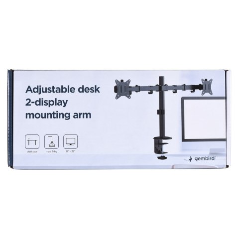 GEMBIRD BIURKOWE REGULOWANE RAMIĘ/UCHWYT NA 2 MONITORY 17-32, 100X100MM, DO 9KG GEMBIRD BIURKOWE REGULOWANE RAMIĘ/UCHWYT NA 2 MONITORY 17-32, 100X100MM, DO 9KG