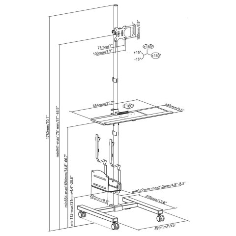 MACLEAN WÓZEK STAND PROFESJONALNY, MOBILNE STANOWISKO KOMPUTEROWE NA KÓŁKACH, MAX 17"-32", MAX 20KG MC-793 W