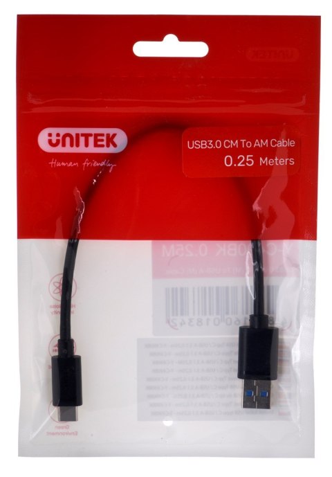 UNITEK KABEL USB-C - USB-A 3.1,M/M,0,25M, Y-C490BK UNITEK KABEL USB-C - USB-A 3.1,M/M,0,25M, Y-C490BK