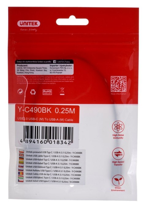 UNITEK KABEL USB-C - USB-A 3.1,M/M,0,25M, Y-C490BK UNITEK KABEL USB-C - USB-A 3.1,M/M,0,25M, Y-C490BK