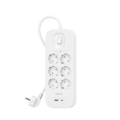 Listwa zasilająca Belkin Power Surge 6-PORT + 1xUSB-A +1xUSB-C 2.4A PD 650J 2m White Schuko Listwa zasilająca Belkin Power Surge 6-PORT + 1xUSB-A +1xUSB-C 2.4A PD 650J 2m White Schuko