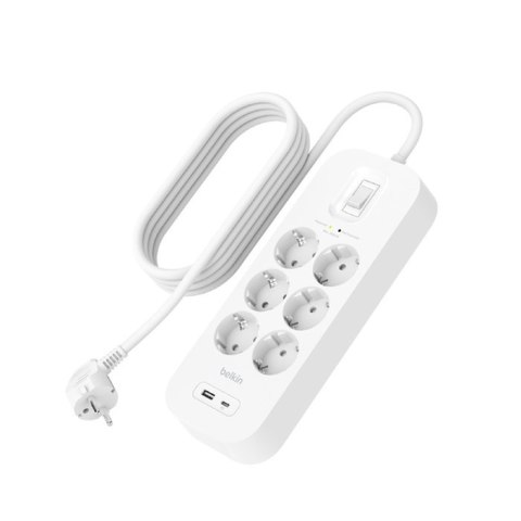 Listwa zasilająca Belkin Power Surge 6-PORT + 1xUSB-A +1xUSB-C 2.4A PD 650J 2m White Schuko Listwa zasilająca Belkin Power Surge 6-PORT + 1xUSB-A +1xUSB-C 2.4A PD 650J 2m White Schuko
