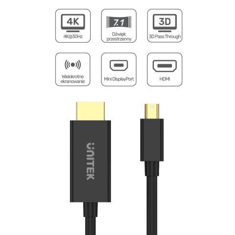 UNITEK ADAPTER MINIDP - HDMI, 4K@30HZ, KABEL 2M UNITEK ADAPTER MINIDP - HDMI, 4K@30HZ, KABEL 2M