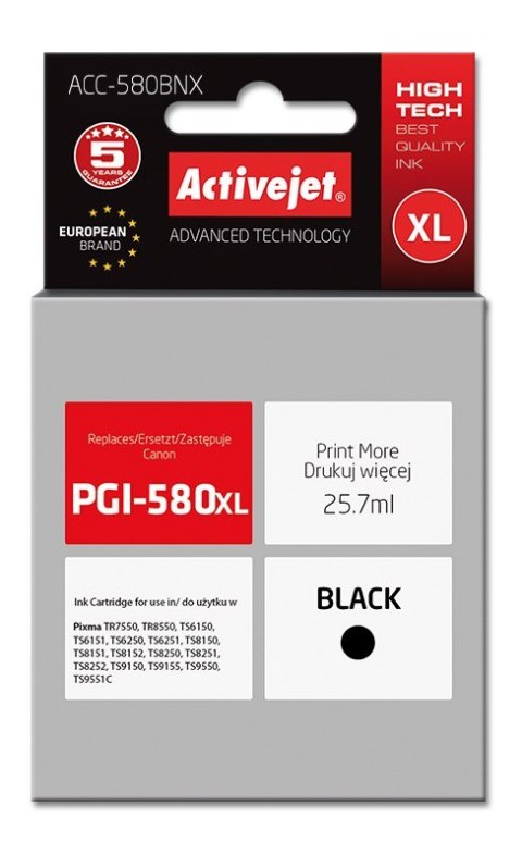 Activejet ACC-580BNX Tusz (zamiennik PGI-580XLBk; Supreme; 25.7 ml; czarny) Activejet ACC-580BNX Tusz (zamiennik PGI-580XLBk; Supreme; 25.7 ml; czarny)