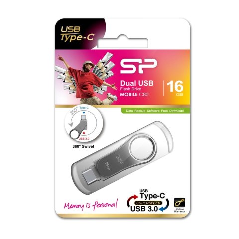 Pendrive Silicon Power Mobile C80 16GB USB 3.1/Type-C Silver Pendrive Silicon Power Mobile C80 16GB USB 3.1/Type-C Silver