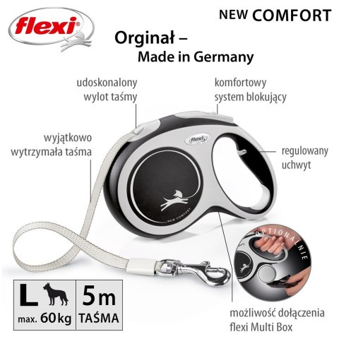 Smycz flexi automatyczna New Comfort L taśma 8 m - dla psa do 50 kg, kolor czarny Smycz flexi automatyczna New Comfort L taśma 8 m - dla psa do 50 kg, kolor czarny