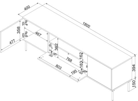 Szafka RTV EF + kominek czarny TRESSE 180x40x54,5 zieleń mat Szafka RTV EF + kominek czarny TRESSE 180x40x54,5 zieleń mat