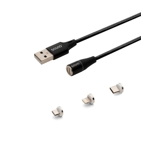 SAVIO KABEL MAGNETYCZNY USB - USB TYP C, MICRO I LIGHTNING, 1M, CZARNY CL-152 SAVIO KABEL MAGNETYCZNY USB - USB TYP C, MICRO I LIGHTNING, 1M, CZARNY CL-152