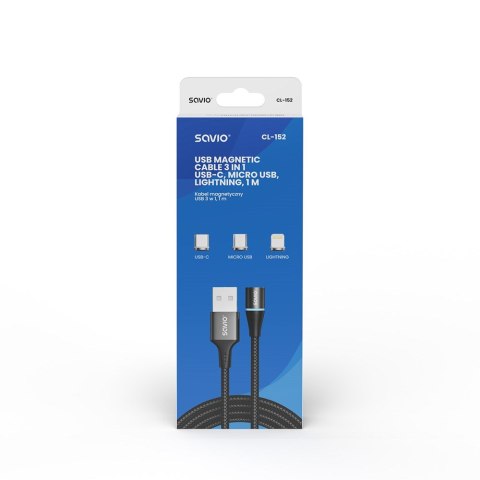 SAVIO KABEL MAGNETYCZNY USB - USB TYP C, MICRO I LIGHTNING, 1M, CZARNY CL-152 SAVIO KABEL MAGNETYCZNY USB - USB TYP C, MICRO I LIGHTNING, 1M, CZARNY CL-152