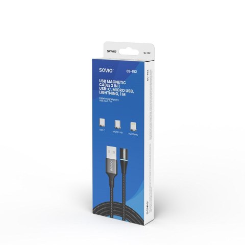 SAVIO KABEL MAGNETYCZNY USB - USB TYP C, MICRO I LIGHTNING, 1M, CZARNY CL-152 SAVIO KABEL MAGNETYCZNY USB - USB TYP C, MICRO I LIGHTNING, 1M, CZARNY CL-152