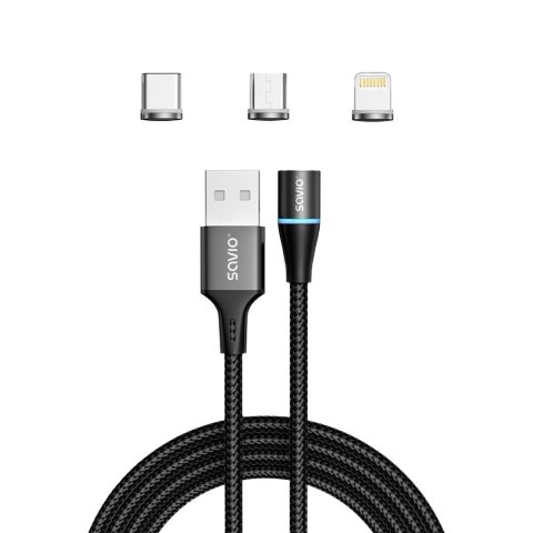SAVIO KABEL MAGNETYCZNY USB - USB TYP C, MICRO I LIGHTNING, 1M, CZARNY CL-152 SAVIO KABEL MAGNETYCZNY USB - USB TYP C, MICRO I LIGHTNING, 1M, CZARNY CL-152