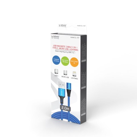 SAVIO KABEL MAGNETYCZNY USB - USB TYP C, MICRO I LIGHTNING, 2M, NIEBIESKI CL-157 SAVIO KABEL MAGNETYCZNY USB - USB TYP C, MICRO I LIGHTNING, 2M, NIEBIESKI CL-157
