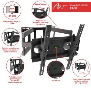 Uchwyt ścienny do telewizora ART AR-51 (Obrotowy, ścienne, Uchylny - 60"; max. 50kg) Uchwyt ścienny do telewizora ART AR-51 (Obrotowy, ścienne, Uchylny - 60"; max. 50kg)