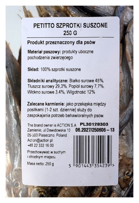 PETITTO Szprotki suszone przysmak dla psa 250g PETITTO Szprotki suszone przysmak dla psa 250g