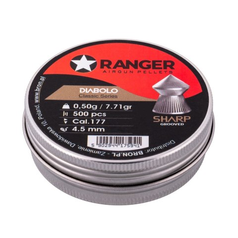 Śrut 4,5 mm RANGER Diabolo Classic Sharp Grooved szpic molet. 500 szt. 0,50 g Śrut 4,5 mm RANGER Diabolo Classic Sharp Grooved szpic molet. 500 szt. 0,50 g