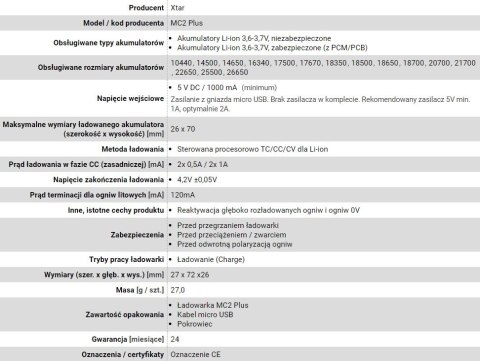XTAR ŁADOWARKA DO AKUMULATORÓW CYLINDRYCZNYCH LI-ION MC2+ XTAR ŁADOWARKA DO AKUMULATORÓW CYLINDRYCZNYCH LI-ION MC2+