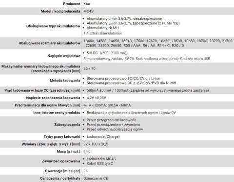 XTAR ŁADOWARKA DO AKUMULATORÓW CYLINDRYCZNYCH LI-ION MC4S XTAR ŁADOWARKA DO AKUMULATORÓW CYLINDRYCZNYCH LI-ION MC4S