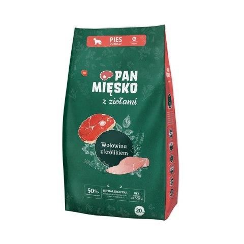 PAN MIĘSKO Wołowina z królikiem (dorosły) chrupki M - Karma sucha dla psa - 20kg PAN MIĘSKO Wołowina z królikiem (dorosły) chrupki M - Karma sucha dla psa - 20kg