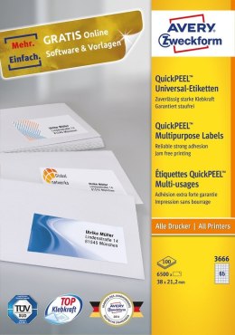Avery 3666 samoprzylepne etykiety Prostokąt Na stałe Biały 6500 szt.
