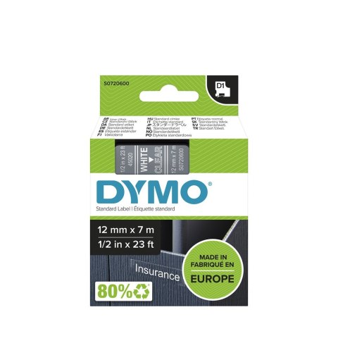 DYMO D1 - Standard Etykiety - Biały na przezroczystym - 12mm x 7m DYMO D1 - Standard Etykiety - Biały na przezroczystym - 12mm x 7m