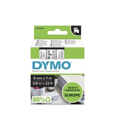 DYMO D1 - Standard Etykiety - Czarny na Transparent - 9mm x 7m DYMO D1 - Standard Etykiety - Czarny na Transparent - 9mm x 7m