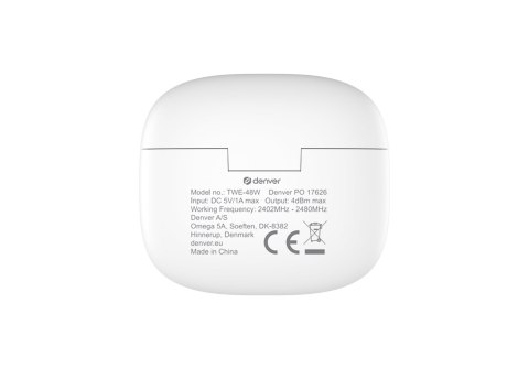 Denver TWE-48W Zestaw słuchawkowy True Wireless Stereo (TWS) Douszny Połączenia/muzyka Bluetooth Biały Denver TWE-48W Zestaw słuchawkowy True Wireless Stereo (TWS) Douszny Połączenia/muzyka Bluetooth Biały