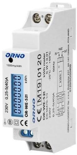 ORNO 1-fazowy licznik energii elektrycznej, 40A, MID, wyjście impulsowe, podświetlenie, 1 moduł ORNO 1-fazowy licznik energii elektrycznej, 40A, MID, wyjście impulsowe, podświetlenie, 1 moduł