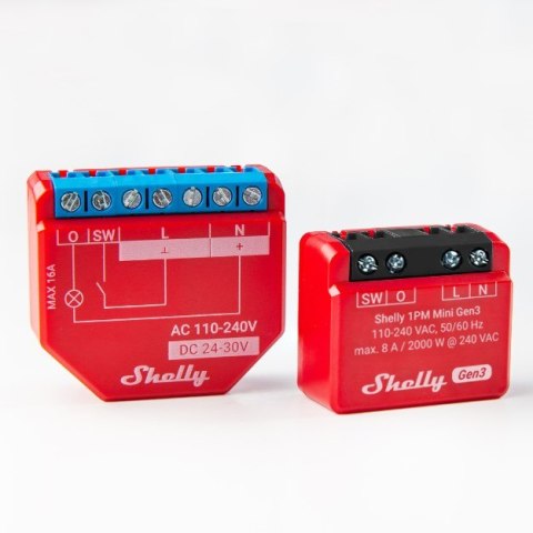Shelly 1PM Mini Gen3 Mądry przełącznik 1P Czerwony Shelly 1PM Mini Gen3 Mądry przełącznik 1P Czerwony