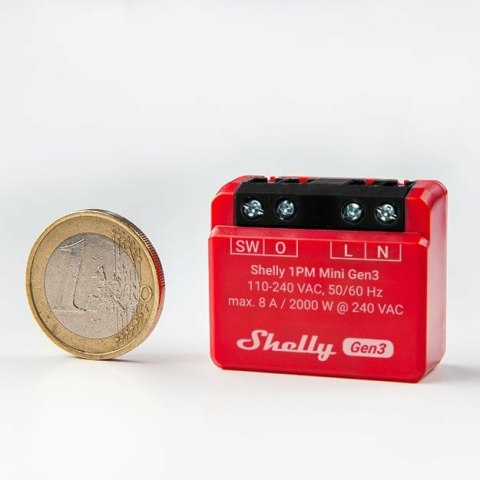 Shelly 1PM Mini Gen3 Mądry przełącznik 1P Czerwony Shelly 1PM Mini Gen3 Mądry przełącznik 1P Czerwony