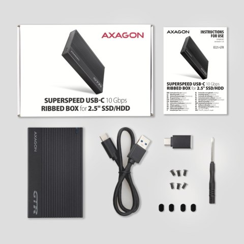 Axagon EE25-GTR USB-C 3.2 Gen 2 - SATA 6G 2.5\" externes Festplattengehäuse geriffelt Obudowa HDD/SSD Czarny 2.5" Axagon EE25-GTR USB-C 3.2 Gen 2 - SATA 6G 2.5\" externes Festplattengehäuse geriffelt Obudowa HDD/SSD Czarny 2.5"