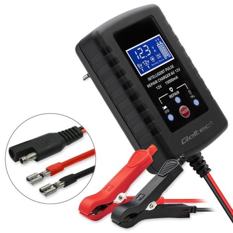 Qoltec 52426 Automatyczna ładowarka do akumulatora AGM GEL STD 6V/12V| 2A | Prostownik z funkcją naprawy i wyświetlaczem LED