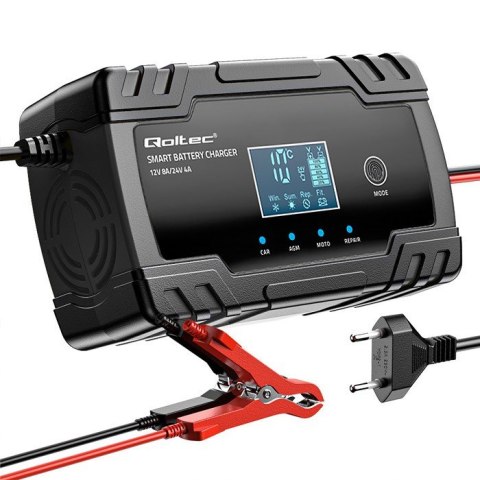 Qoltec 52490 Inteligentna mikroprocesorowa ładowarka 12V 8A | 24V 4A| Prostownik z funkcją naprawy do akumulatora AGM GEL | LCD Qoltec 52490 Inteligentna mikroprocesorowa ładowarka 12V 8A | 24V 4A| Prostownik z funkcją naprawy do akumulatora AGM GEL | LCD