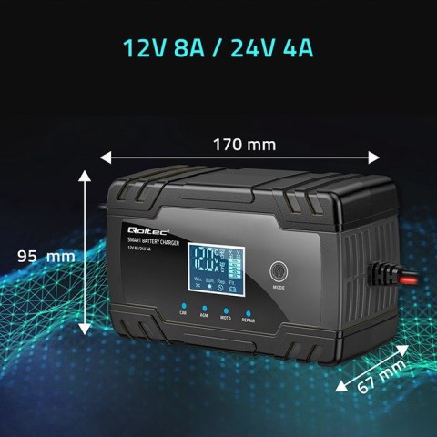 Qoltec 52490 Inteligentna mikroprocesorowa ładowarka 12V 8A | 24V 4A| Prostownik z funkcją naprawy do akumulatora AGM GEL | LCD Qoltec 52490 Inteligentna mikroprocesorowa ładowarka 12V 8A | 24V 4A| Prostownik z funkcją naprawy do akumulatora AGM GEL | LCD