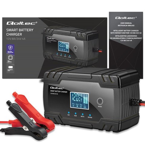 Qoltec 52490 Inteligentna mikroprocesorowa ładowarka 12V 8A | 24V 4A| Prostownik z funkcją naprawy do akumulatora AGM GEL | LCD Qoltec 52490 Inteligentna mikroprocesorowa ładowarka 12V 8A | 24V 4A| Prostownik z funkcją naprawy do akumulatora AGM GEL | LCD