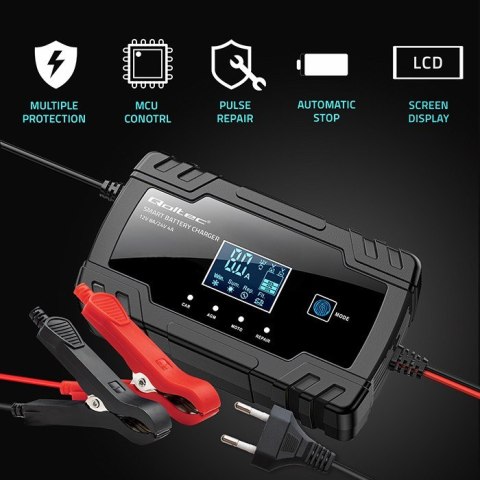 Qoltec 52490 Inteligentna mikroprocesorowa ładowarka 12V 8A | 24V 4A| Prostownik z funkcją naprawy do akumulatora AGM GEL | LCD Qoltec 52490 Inteligentna mikroprocesorowa ładowarka 12V 8A | 24V 4A| Prostownik z funkcją naprawy do akumulatora AGM GEL | LCD