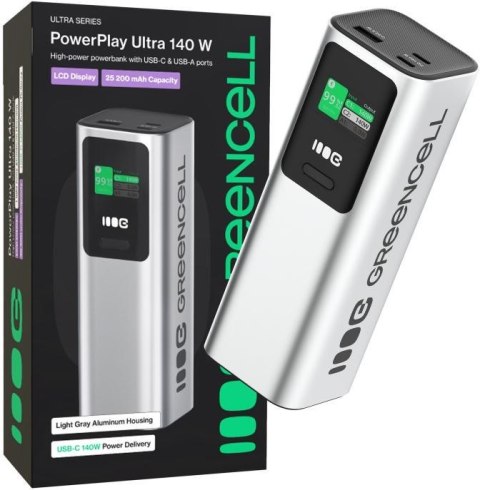 Powerbank Greencell PowerPlay Ultra 25200mAh Szybkie Ładowanie 140W 2x USB-C PD 1x USB-A