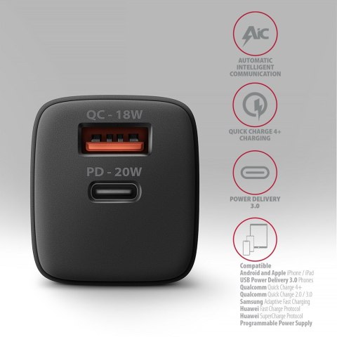 Axagon ACU-PQ20 wall charger QC3.0/AFC/FCP+ PD type-C 20 W - schwarz - USB Typ C Telefon komórkowy, Smartfon, Smartwatch, Tablet Axagon ACU-PQ20 wall charger QC3.0/AFC/FCP+ PD type-C 20 W - schwarz - USB Typ C Telefon komórkowy, Smartfon, Smartwatch, Tablet