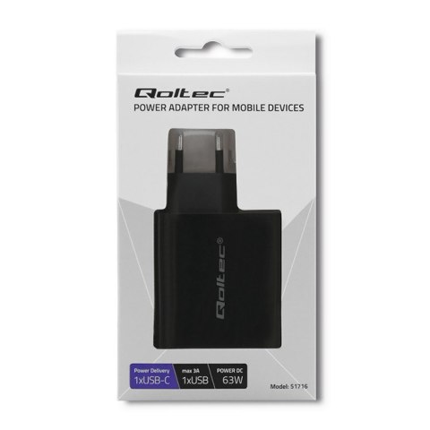 Qoltec 51716 Ładowarka sieciowa | 63W | 5-20V | 1.5-3A | USB typ C PD | USB QC 3.0 | Czarna