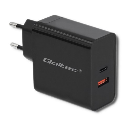 Qoltec 51716 Ładowarka sieciowa | 63W | 5-20V | 1.5-3A | USB typ C PD | USB QC 3.0 | Czarna