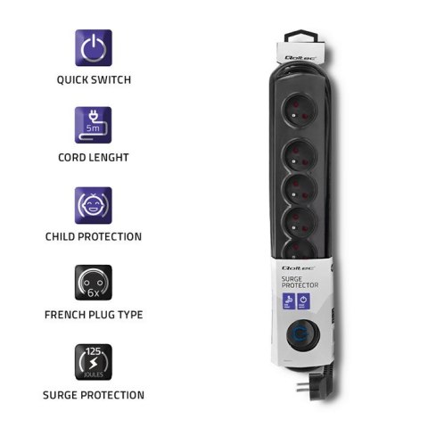 Qoltec 50172 ochrona przeciwprzepięciowa Czarny 6 x gniazdo sieciowe 230 V 5 m