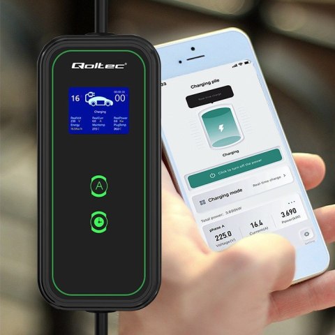 Qoltec 52476 Mobilna ładowarka do samochodu elektrycznego EV z regulacją 2w1 Typ2 | 3.5kW | 230V | Wi-fi | LCD | Przenośna | Wal Qoltec 52476 Mobilna ładowarka do samochodu elektrycznego EV z regulacją 2w1 Typ2 | 3.5kW | 230V | Wi-fi | LCD | Przenośna | Wal