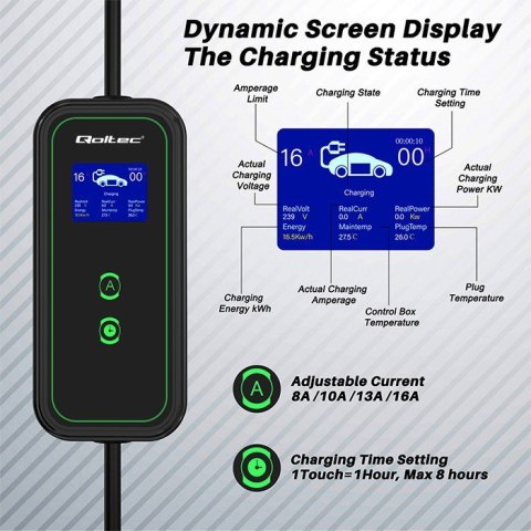 Qoltec 52476 Mobilna ładowarka do samochodu elektrycznego EV z regulacją 2w1 Typ2 | 3.5kW | 230V | Wi-fi | LCD | Przenośna | Wal Qoltec 52476 Mobilna ładowarka do samochodu elektrycznego EV z regulacją 2w1 Typ2 | 3.5kW | 230V | Wi-fi | LCD | Przenośna | Wal