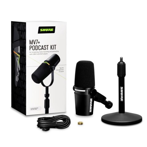 Shure MV7+-K-BNDL - Mikrofon lektorski/wokalny ze złączem XLR/USB-C Czarny + statyw biurkowy GATOR Shure MV7+-K-BNDL - Mikrofon lektorski/wokalny ze złączem XLR/USB-C Czarny + statyw biurkowy GATOR