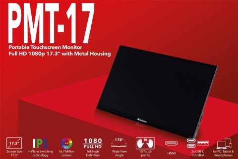 Verbatim 49593 monitor komputerowy 43,9 cm (17.3") 1920 x 1080 px Full HD LCD Ekran dotykowy Czarny Verbatim 49593 monitor komputerowy 43,9 cm (17.3") 1920 x 1080 px Full HD LCD Ekran dotykowy Czarny
