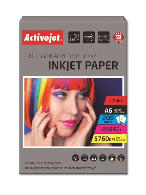 Activejet AP6-260GR200 Papier fotograficzny błyszczący; idealny do wydrukowania zdjęć, kolorowego wspomnienia, 10x15; (A6; 200 s Activejet AP6-260GR200 Papier fotograficzny błyszczący; idealny do wydrukowania zdjęć, kolorowego wspomnienia, 10x15; (A6; 200 s