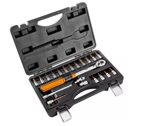 Klucz dynamometryczny dwukierunkowy Neo Tools 1/4", 5-25NM, zestaw 21 szt. Klucz dynamometryczny dwukierunkowy Neo Tools 1/4", 5-25NM, zestaw 21 szt.